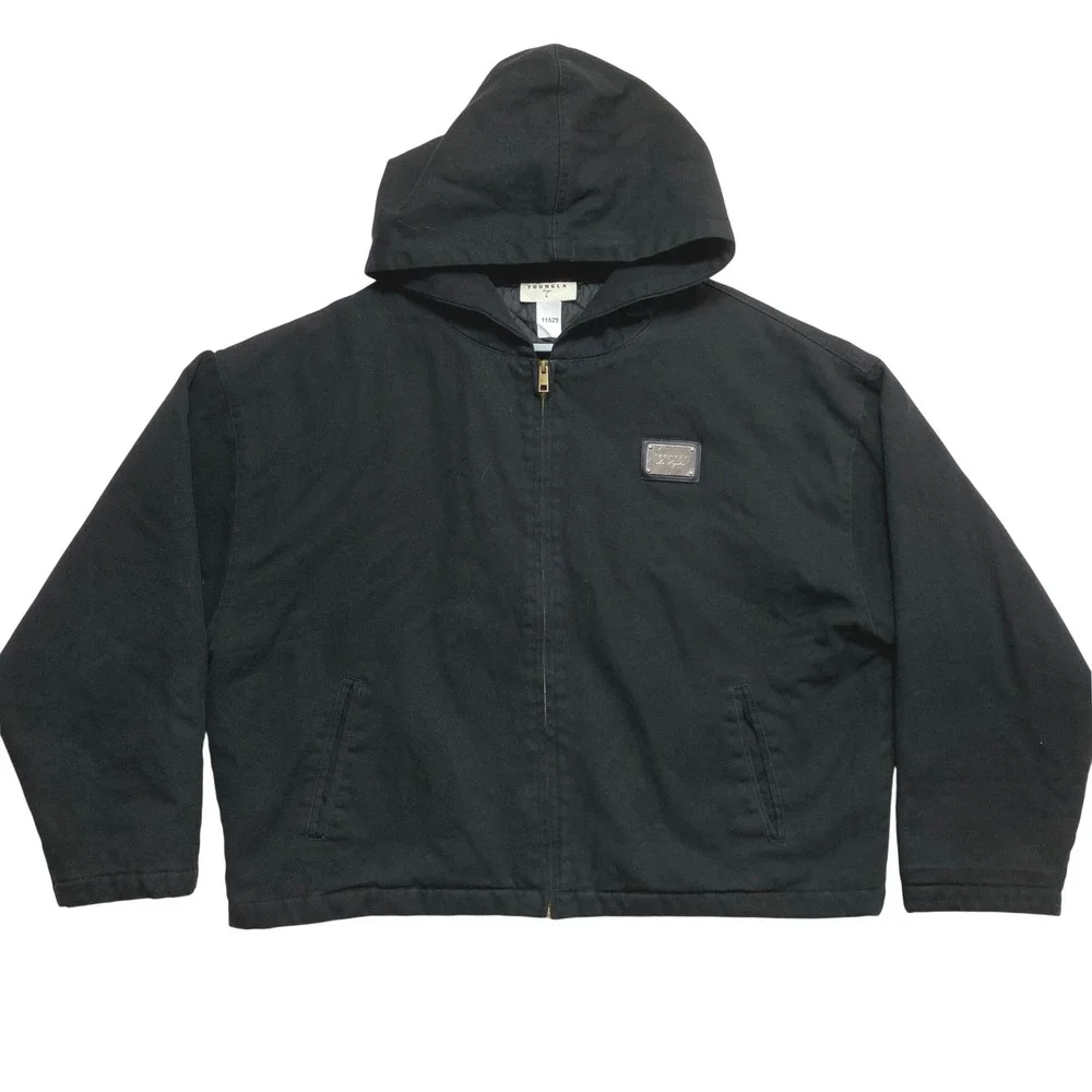 YoungLA Canvas Hooded Jacket Mens Large Black Quilted Lined Full Zip Workwear
